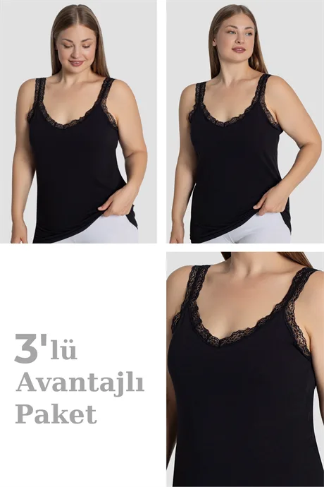Kadın Büyük Beden Pamuklu Dantelli Atlet Esnek ve Rahat 3'lü Paket