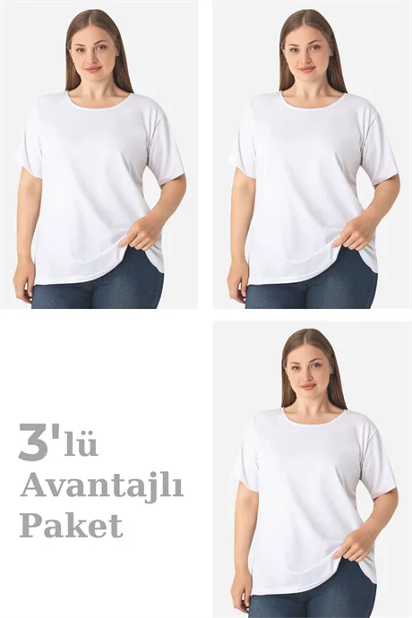 Kadın Büyük Beden Pamuklu Basic Kısa Kollu Bisiklet Yaka Tişört 3'lü Paket