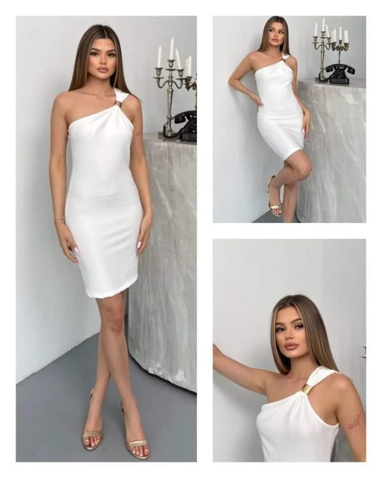 Kadın Ottoman Kumaş Tek Omuz Askılı Toka Detaylı Mini Boy Elbise