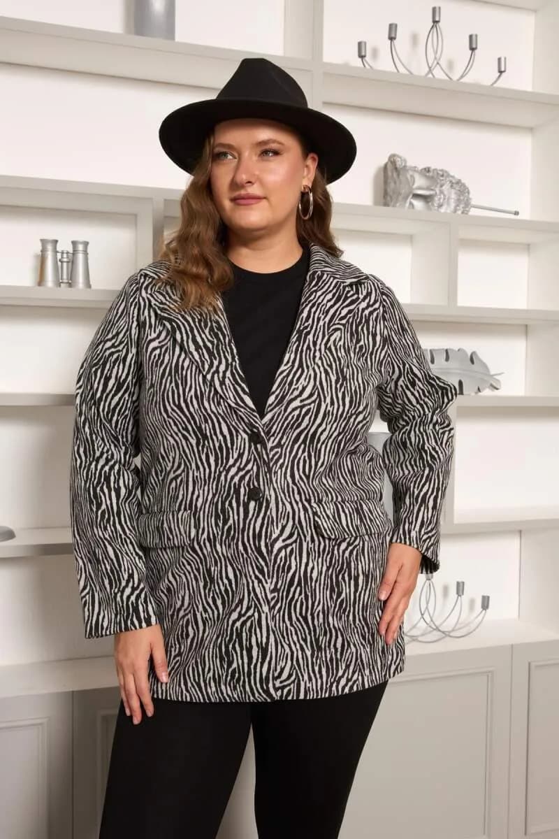 Zebra Desenli Büyük Beden Ceket Gri