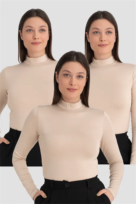 Kadın Balıkçı Yaka Uzun Kollu Body 3 Adet