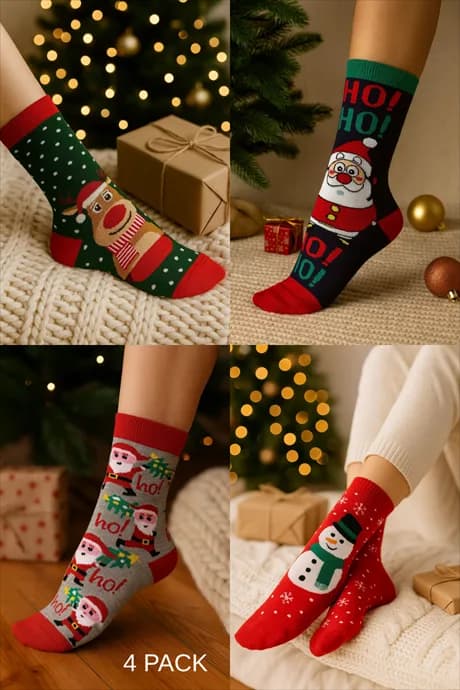 4'lü Paket Unisex Yılbaşı Çorap Renkli Soket Çorap Yeniyıl