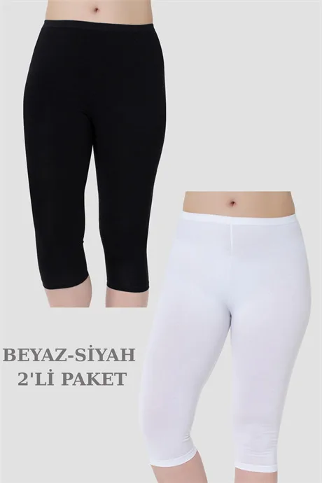 Kadın Diz Altı Kapri Boy Penye Tayt Beyaz - Siyah 2'li Paket