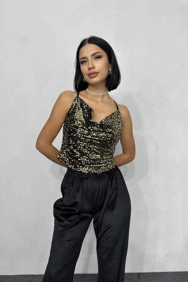 Gold Askılı Degaje Bluz