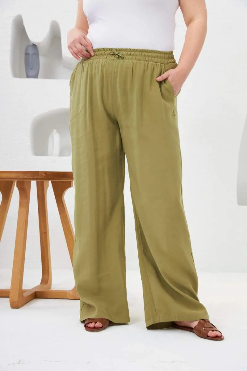 Beli Lastikli Geniş Paça Büyük Beden Pantolon Oliv