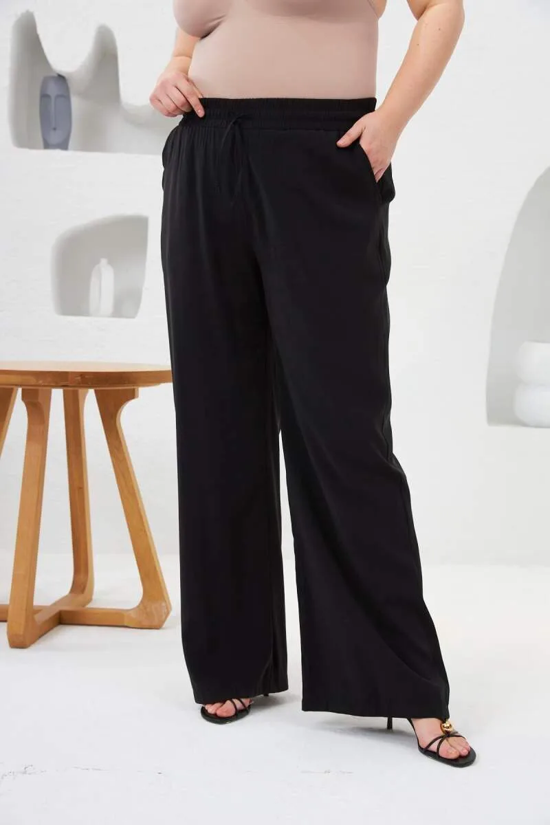 Beli Lastikli Geniş Paça Büyük Beden Pantolon Siyah
