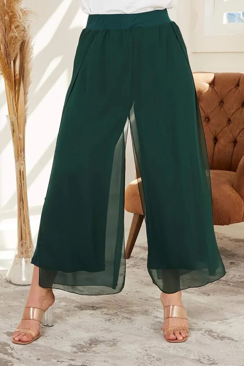 Beli Lastikli Büyük Beden Zümrüt Şifon Pantolon