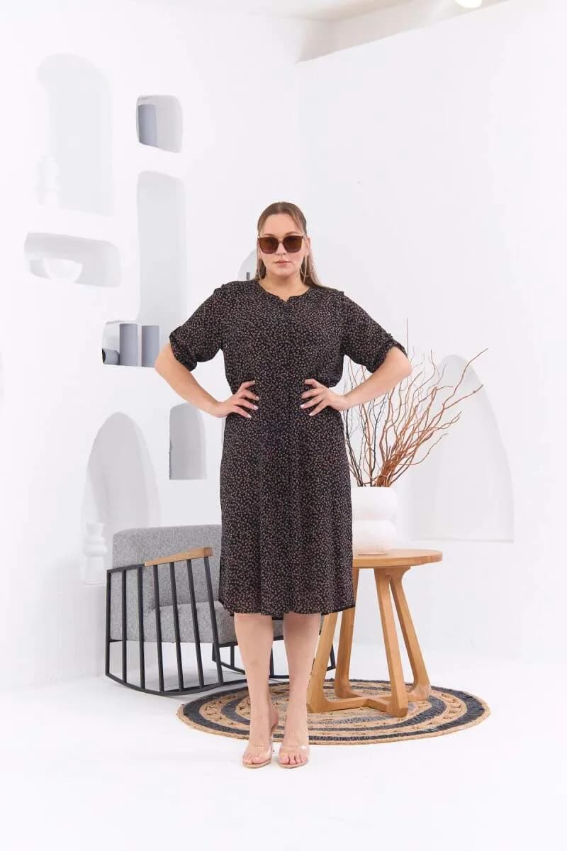 Çıtır Çiçek Desenli Büyük Beden Siyah Elbise