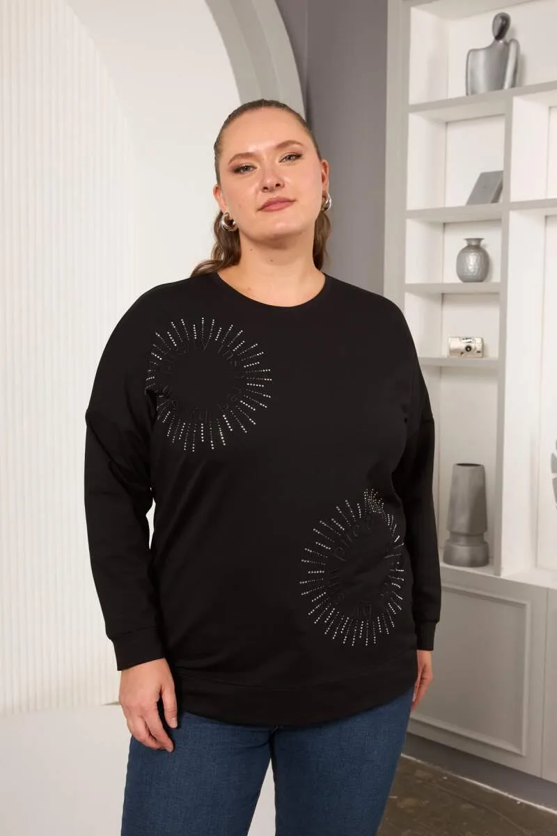 Taş Ve Nakışlı Büyük Beden Sweatshirt