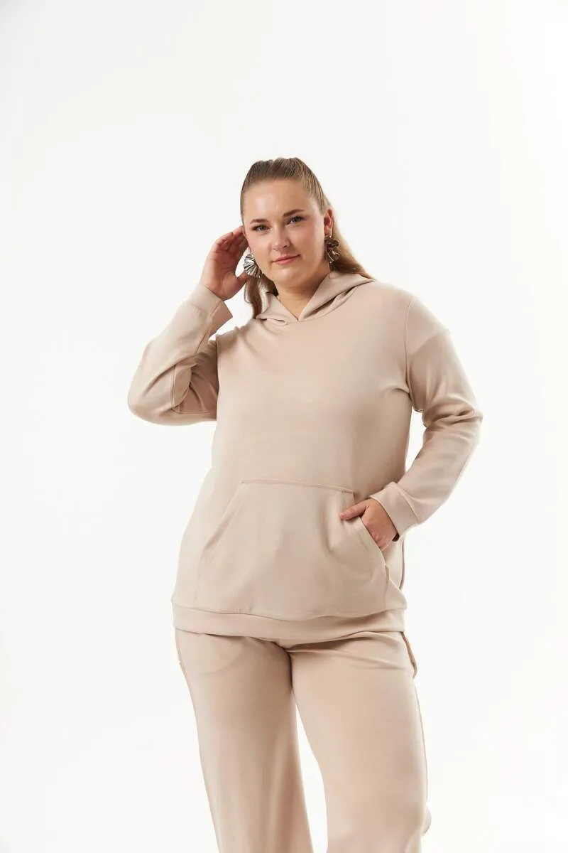 Büyük Beden Kanguru Cepli Modal Sweatshirt Vizon