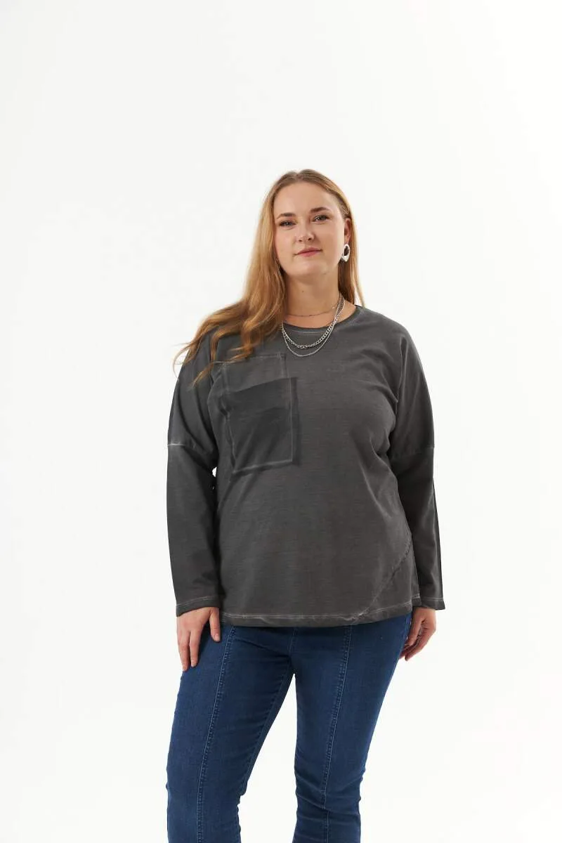 Büyük Beden Cep Detay Parça Boya Sweatshirt Füme