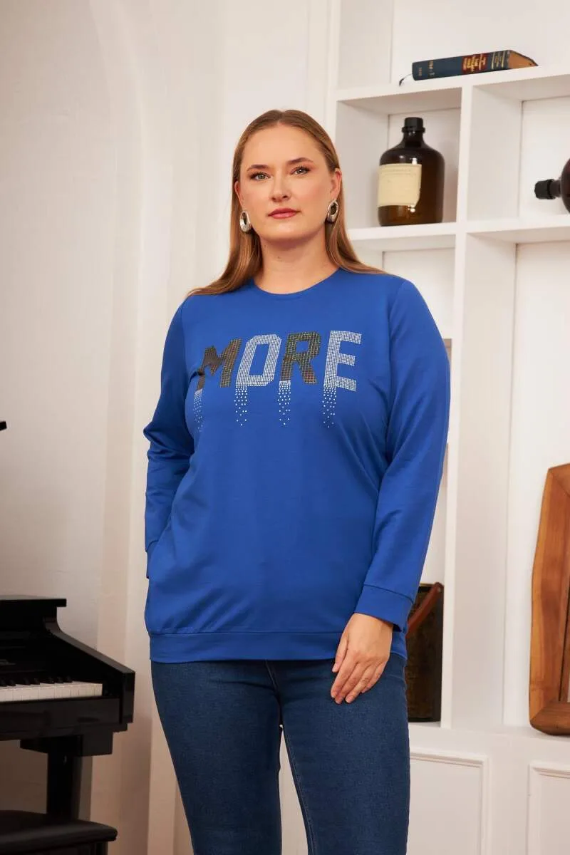 Büyük Beden Taş Baskılı Sweatshirt Saks.