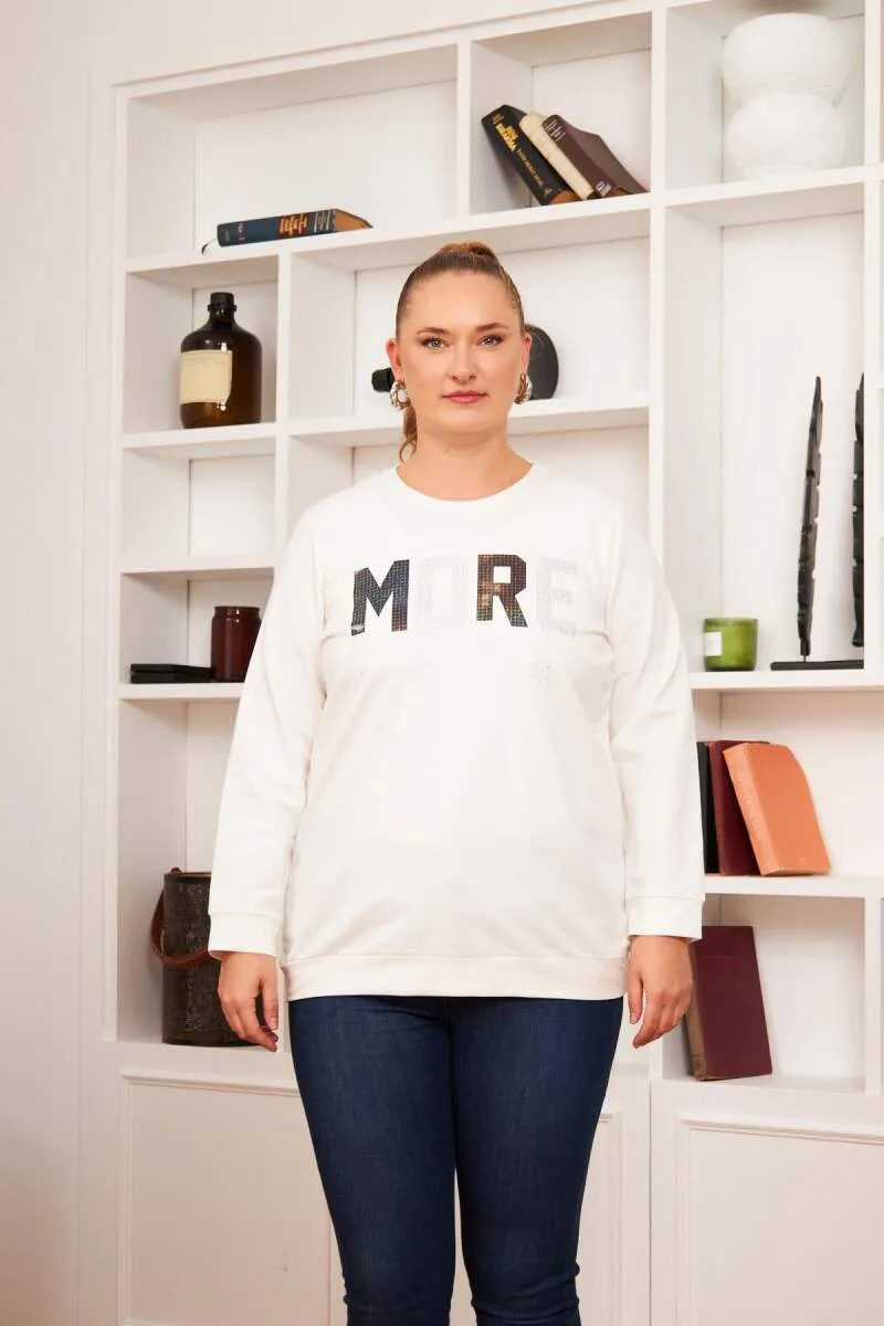 Büyük Beden Taş Baskılı Sweatshirt Ekru
