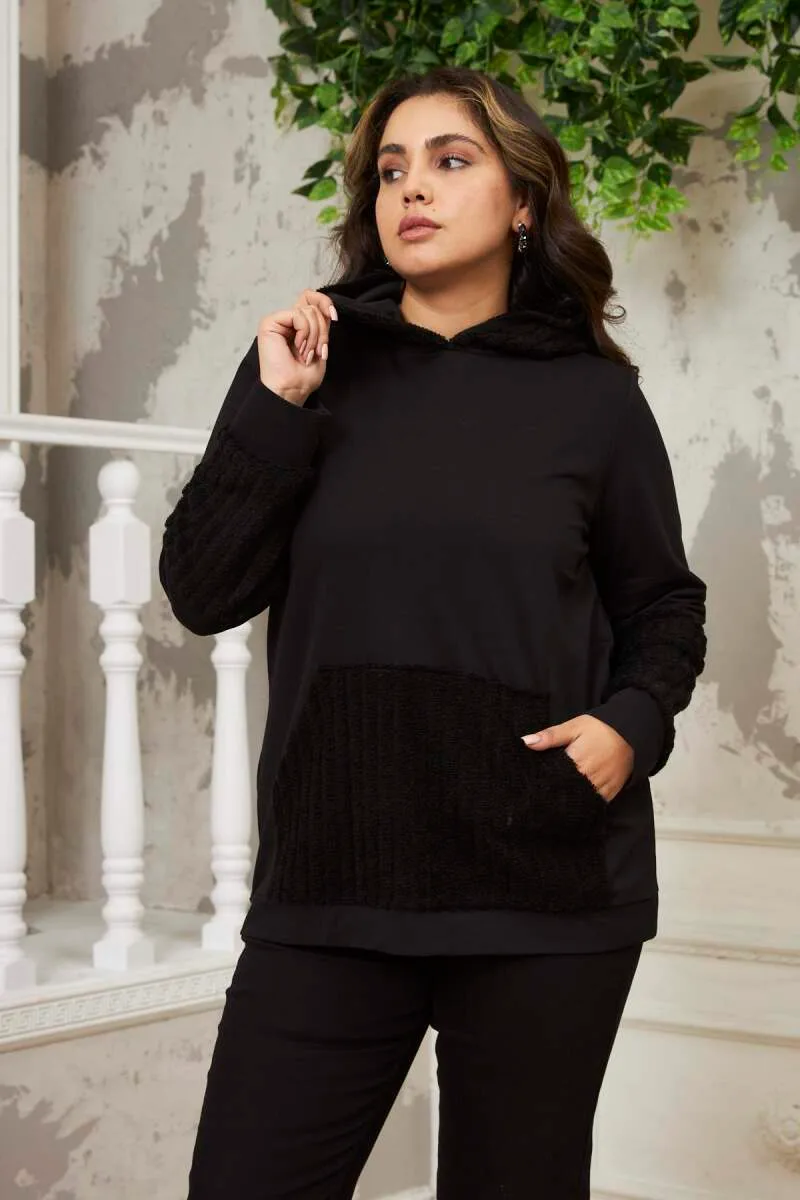 Kol Detaylı Büyük Beden Siyah Sweatshirt