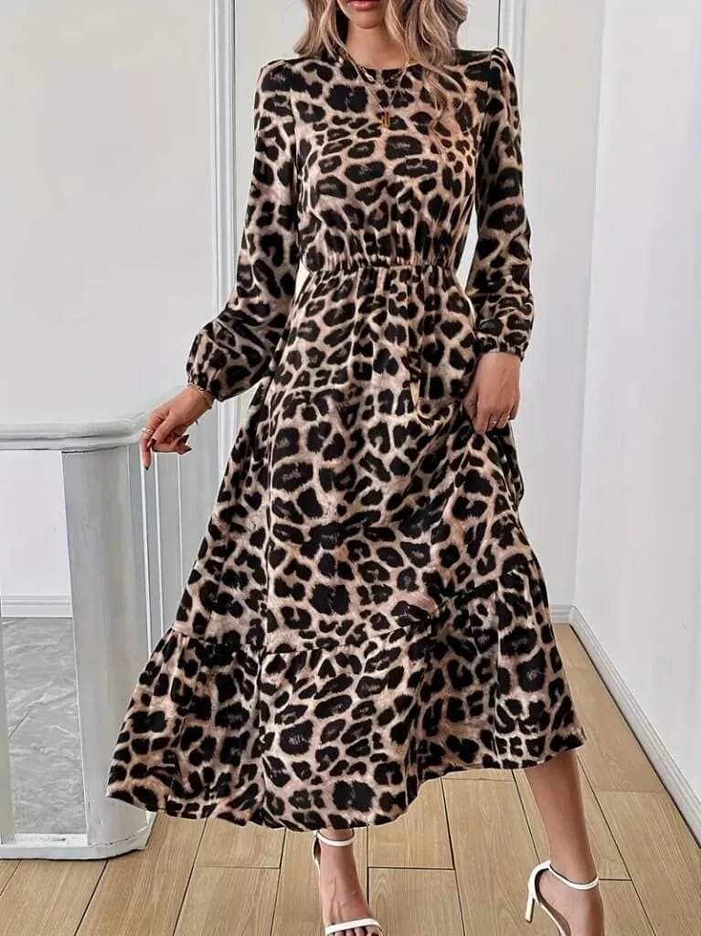 Uzun Kollu Bisiklet Yaka Leopar Desenli Midi Süprem Elbise