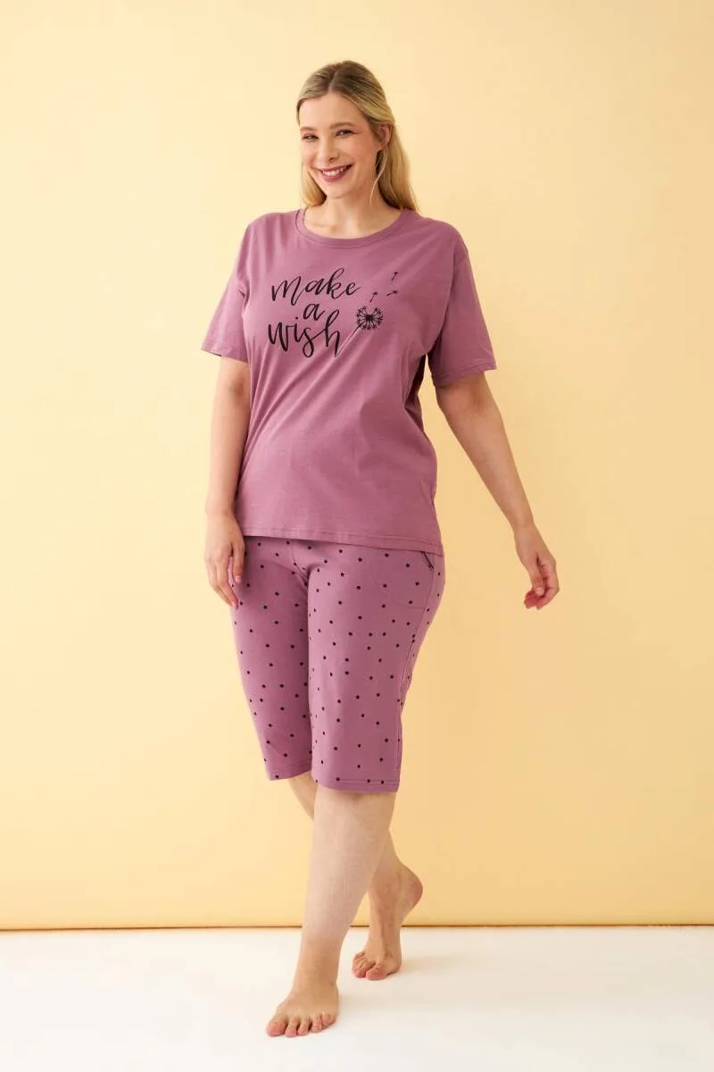Angelino Kadın Mürdüm “Make a Wish” Yazılı Büyük Beden Kapri Pijama Takımı