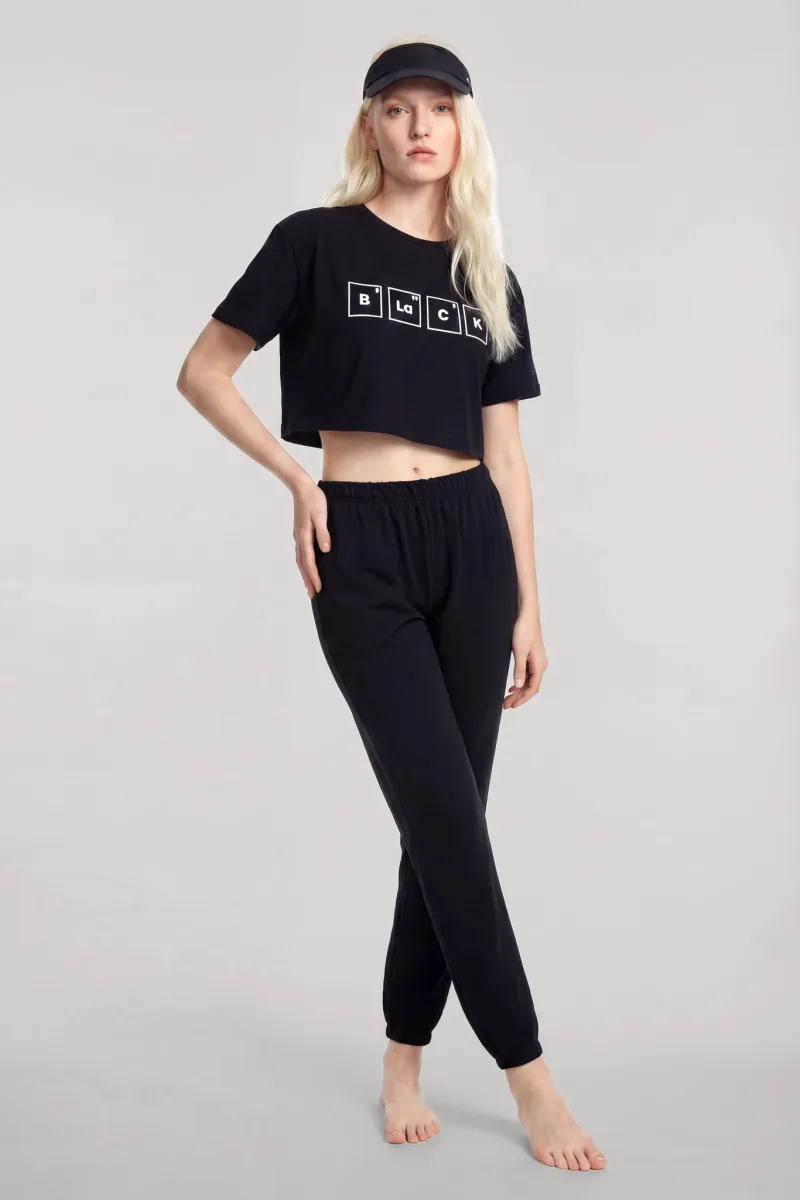 Angelino Baskılı Crop T-Shirt Pantolon Takım Siyah
