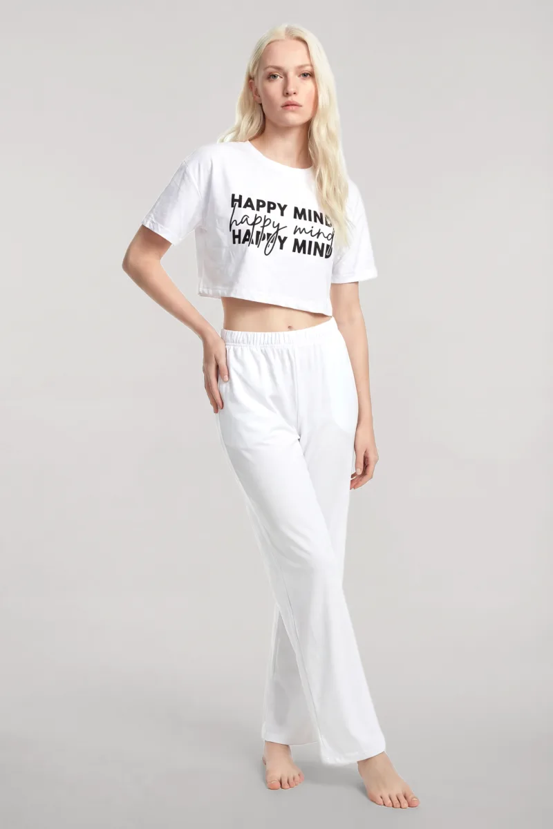 Angelino Baskılı Crop T-Shirt Pantolon Takım Beyaz