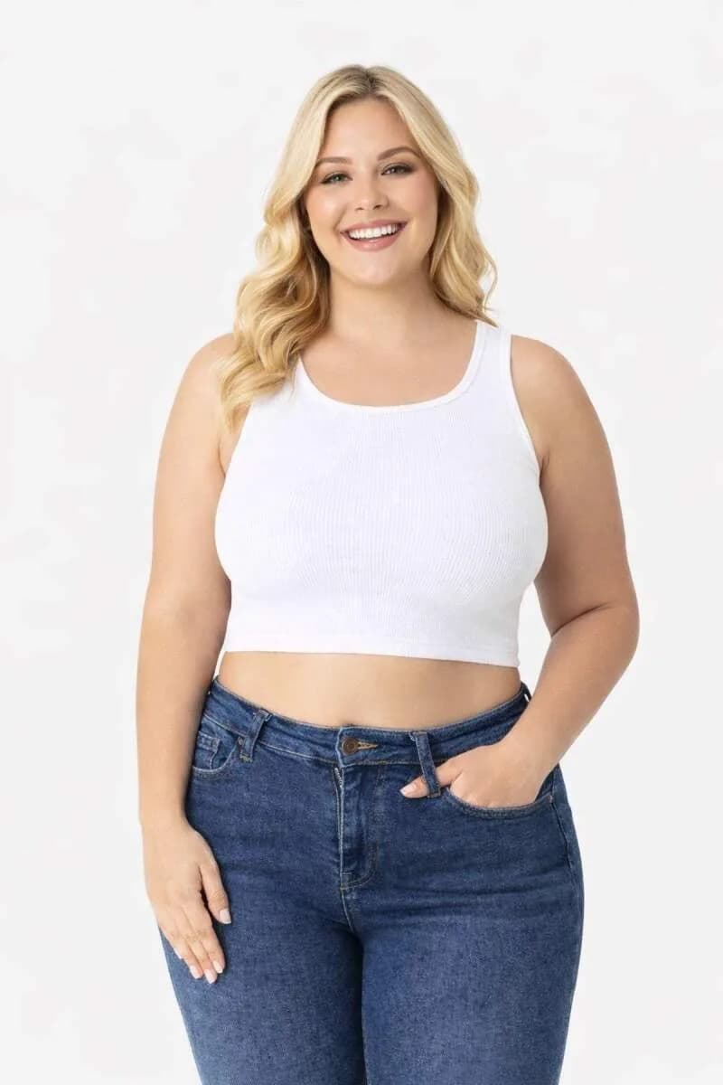 Büyük Beden Çok Esnek Beyaz Kadın Fitilli Crop Kaşkorse Atlet Kalın Askılı Basic 40-50