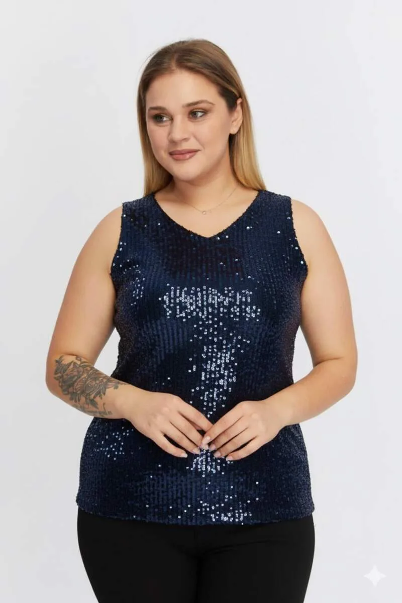 Pul Payetli Büyük Beden Sıfır Kol Bluz