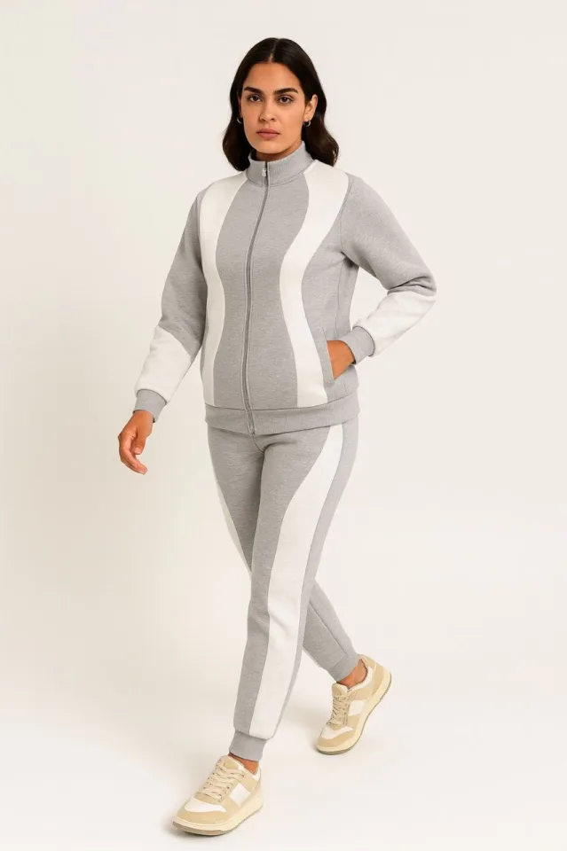 Premium Parçalı Eşofman Takım - Dik Yaka Fermuarlı Sweatshirt - Gri