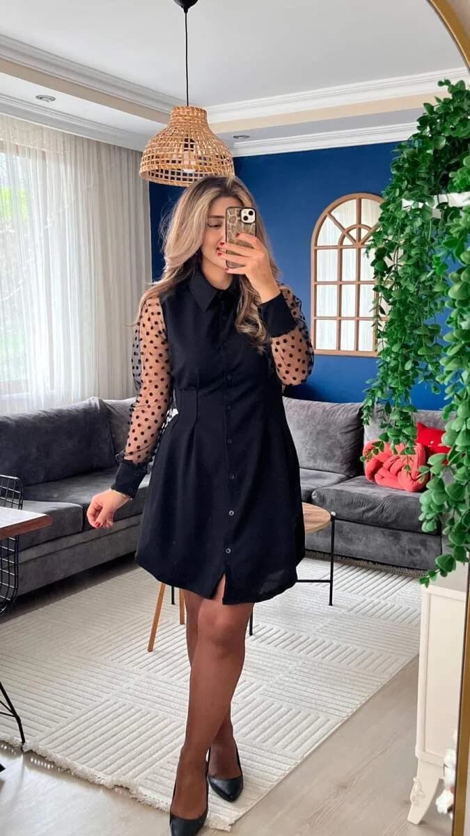 Kadın Uzun Kollu Yakalı Düğmeli Mini Ithal Krep Elbise