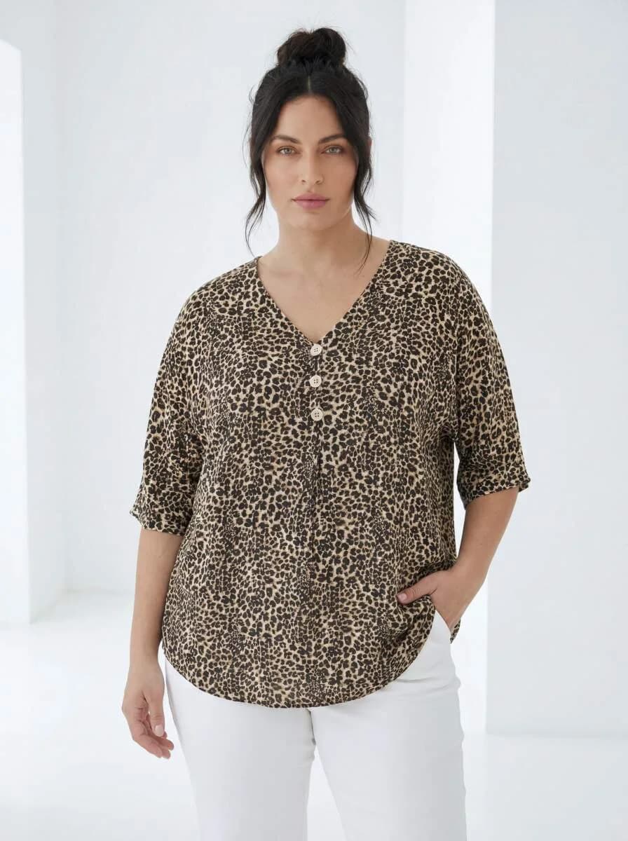 Ekose Desenli Kadın Büyük Beden Bluz Leopar