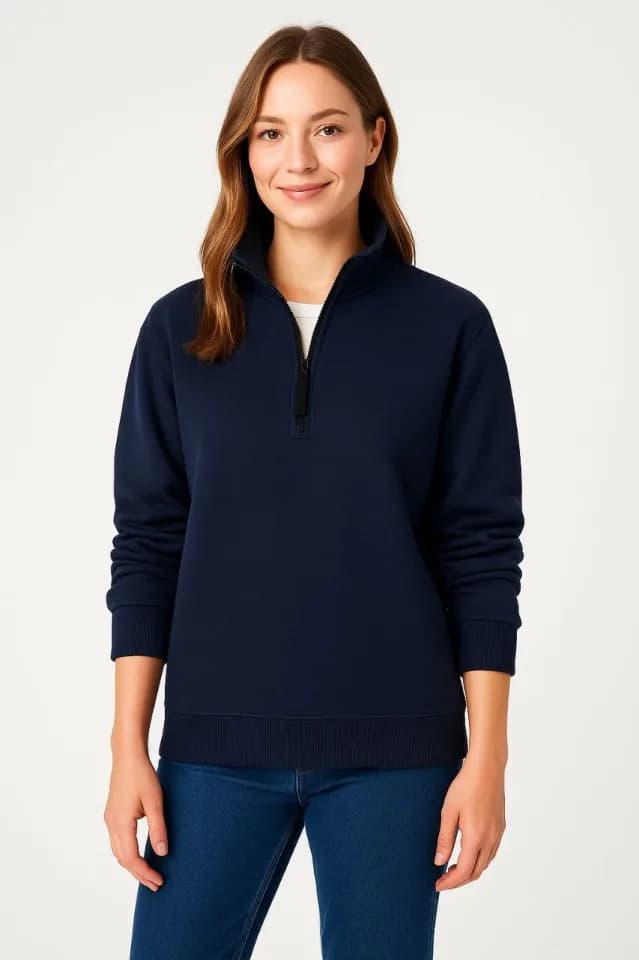 Üç İplik Dık Yaka Yarım Fermuarlı SweatShirt