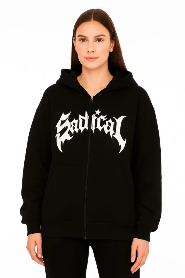Oversize Kapüşonlu Sweatshirt Hoodie 3 İplik Şardonlu Pamuklu Kumaş, Önü Baskılı, Fermuarlı Rahat Kalıp, Kışlık Ve Sokak Stili Sweat
