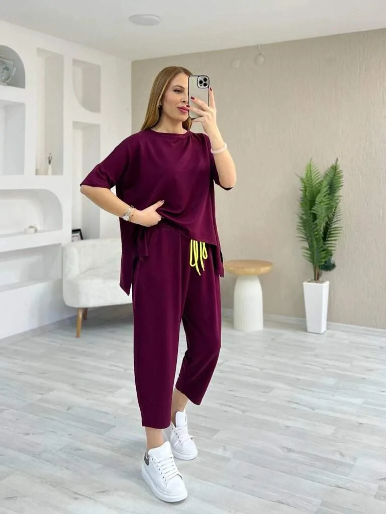 Kadın Kısa Kollu Bisiklet Yaka Viskon İki İplik Bluz Ve Pantolon İkili Takım