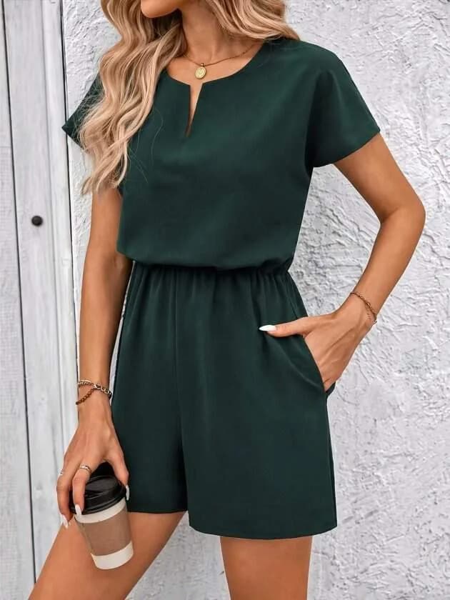 Kadın Kısa Kollu V Yakalı Beli Lastikli Kısa Ithal Krep Tulum
