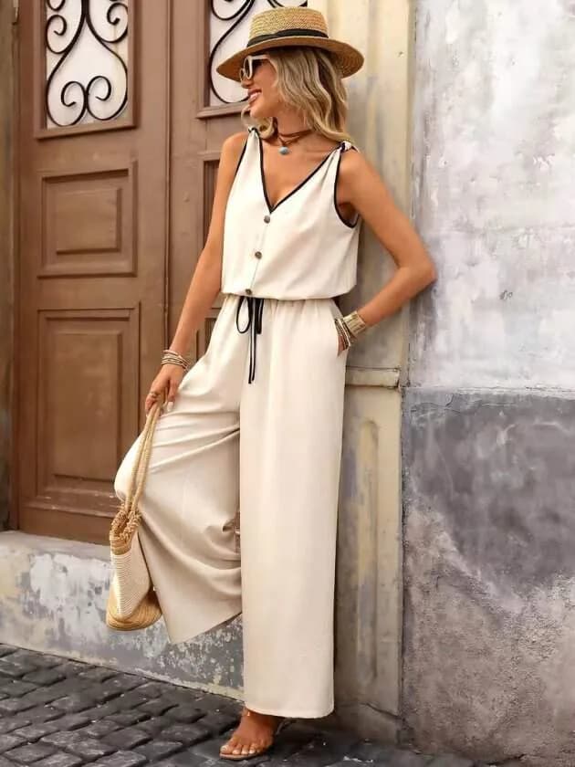 Kadın Askıdan Bağlamalı V Yakalı Belden Süs Bağcıklı Tulum