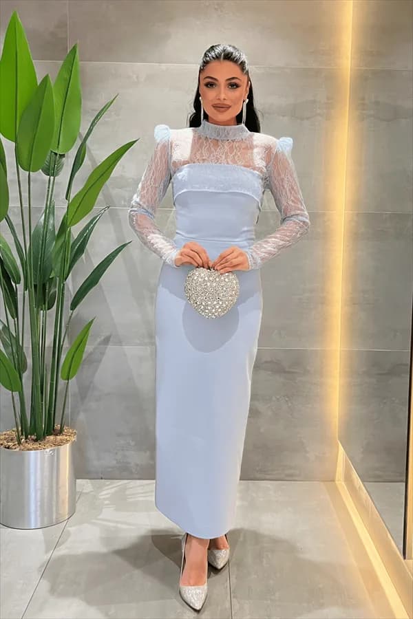 Double Kumaş Straplez Dantel Bolero Detaylı Elbise - BEBE MAVİSİ