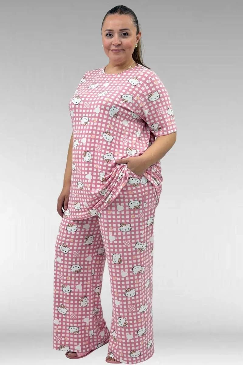 67801 Büyük Beden Kısakol Desenli Pijama Takımı - Kedi Desenli