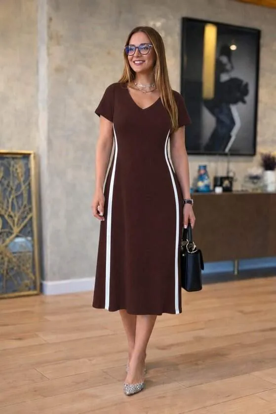 Kadın Kısa Kollu V Yakalı Yanları şerit Detaylı Viskon Iki Iplik Midi Elbise