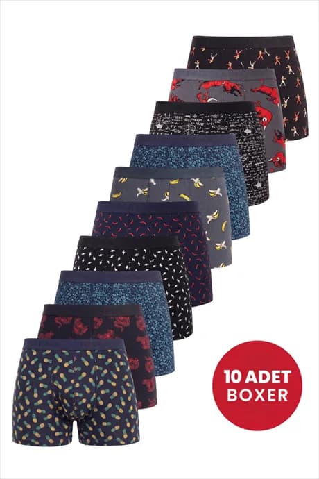 Erkek Desenli Boxer 10'lu Paket Pamuklu Likralı Yumuşak ve Esnek Kumaş