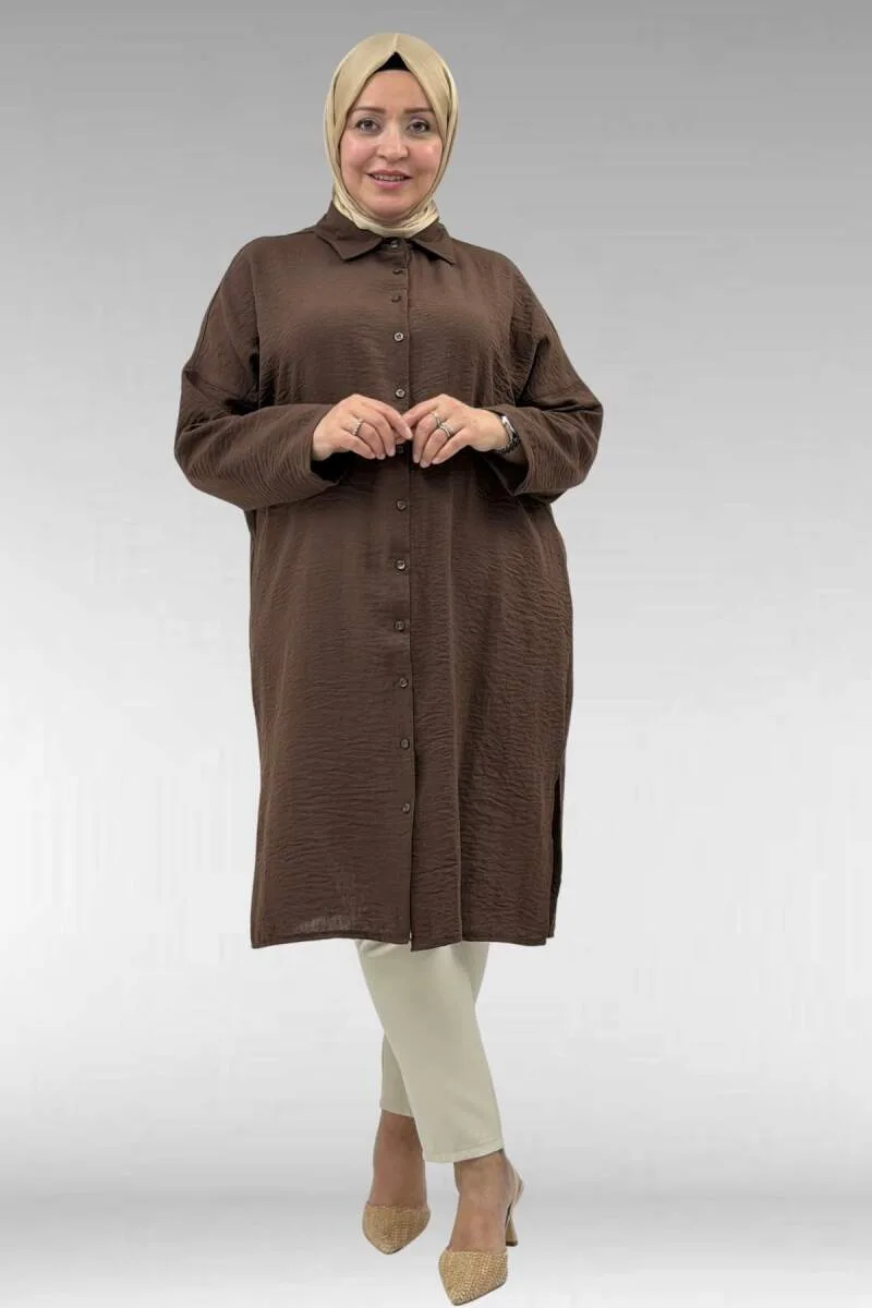 68038 Büyük Beden Boydan Düğmeli Keten Tunik - Kahve