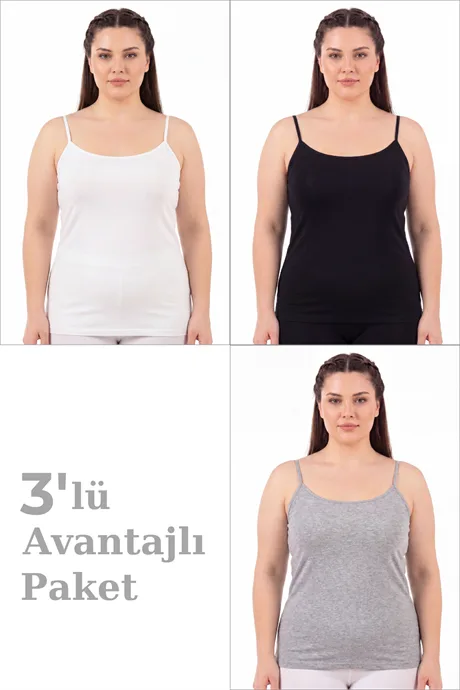 Kadın Büyük Beden İp Askılı Atlet Pamuklu Likralı Yumuşak Esnek Kumaş 3'lü Paket