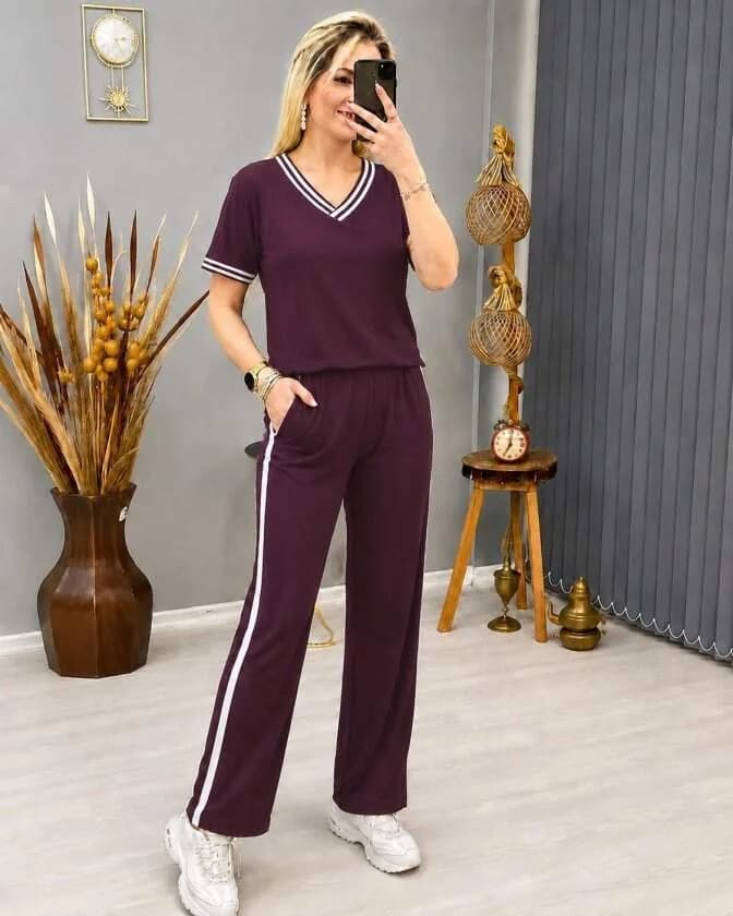 Kadın Kısa Kollu V Yakalı Viskon Iki Iplik Bluz Ve Pantolon Ikili Takım