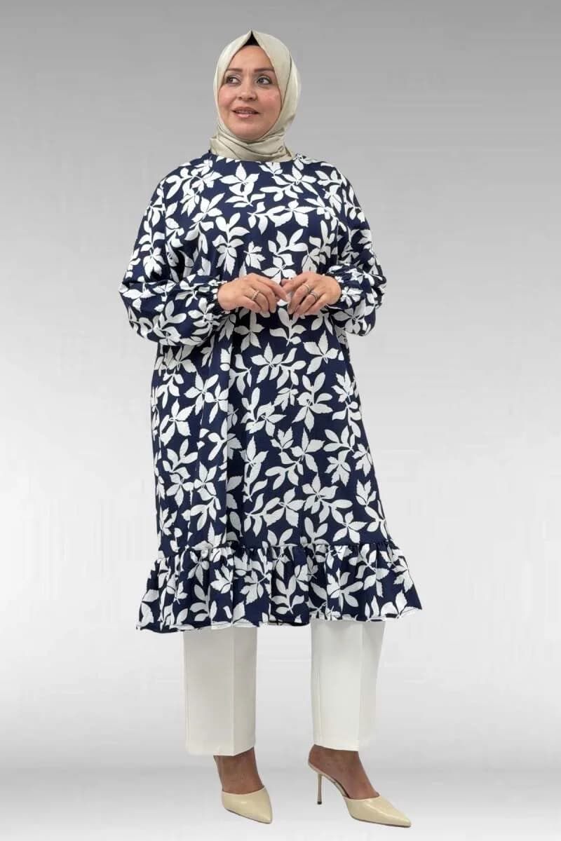 68040 Büyük Beden Eteği Fırfırlı Mango Tunik - Yaprak Desenli