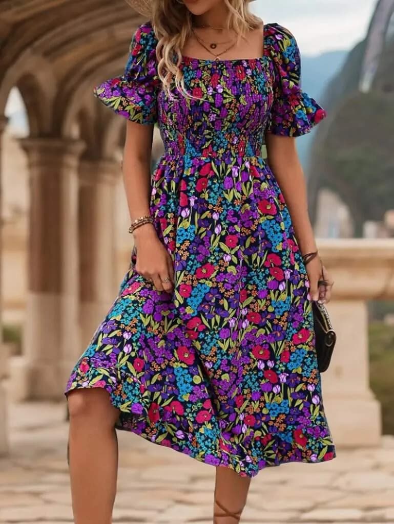 Kadın Kısa Kollu Kare Yakalı Beli Lastikli çiçek Desenli Mini Süprem Elbise