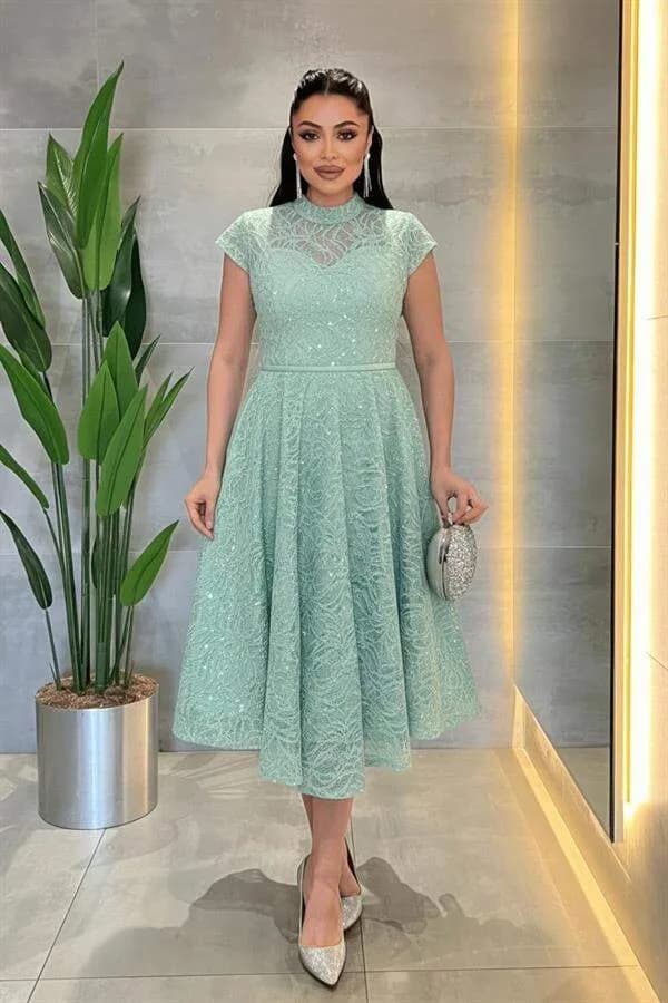 Dantel Payet Kumaş Midi Elbise - MİNT YEŞİLİ