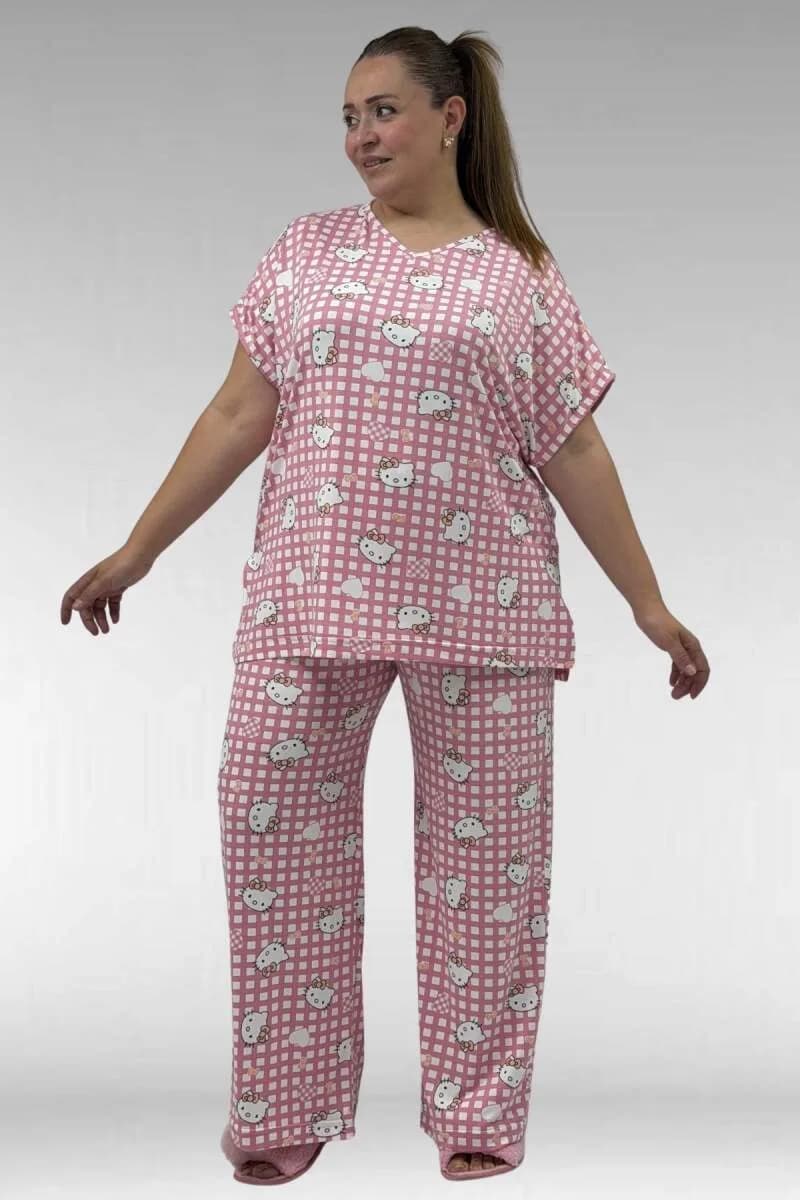 67802 Büyük Beden Yanı Yırtmaçlı Milan Pijama Takımı - Kedi Desenli