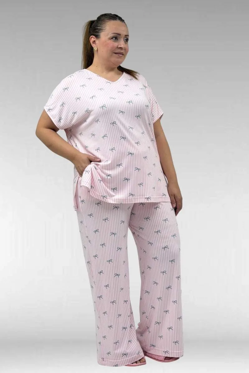 67802 Büyük Beden Yanı Yırtmaçlı Milan Pijama Takımı - Kurdele Desenli