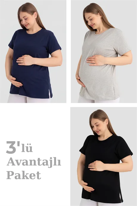 Pamuklu Kısa Kollu Hamile Tişört Renkli 3'lü Paket – Yumuşak ve Rahat Hamile Giyim