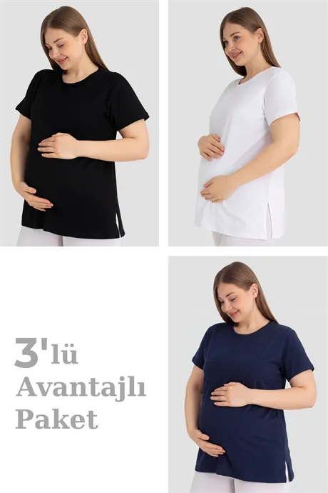 Pamuklu Kısa Kollu Hamile Tişört Renkli 3'lü Paket – Yumuşak ve Rahat Hamile Giyim