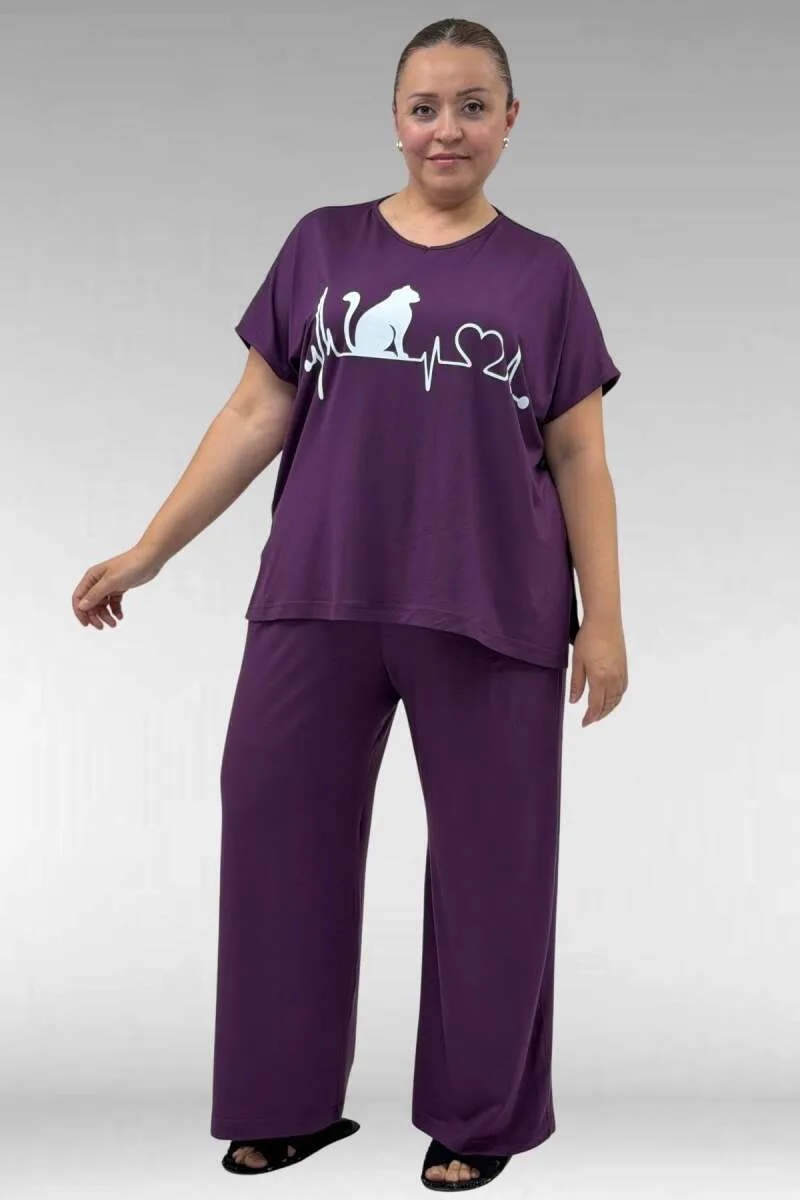 67804 Büyük Beden Yanı Yırtmaçlı Penye Pijama Takımı
