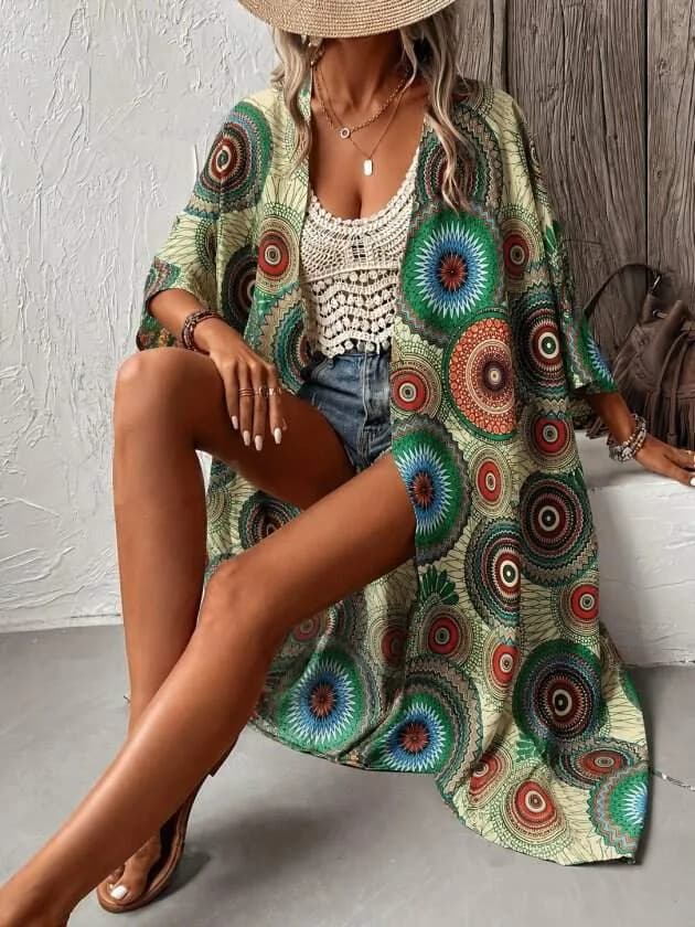 Kadın Kısa Kollu önü Açık Belden Kuşaklı Uzun Kimono