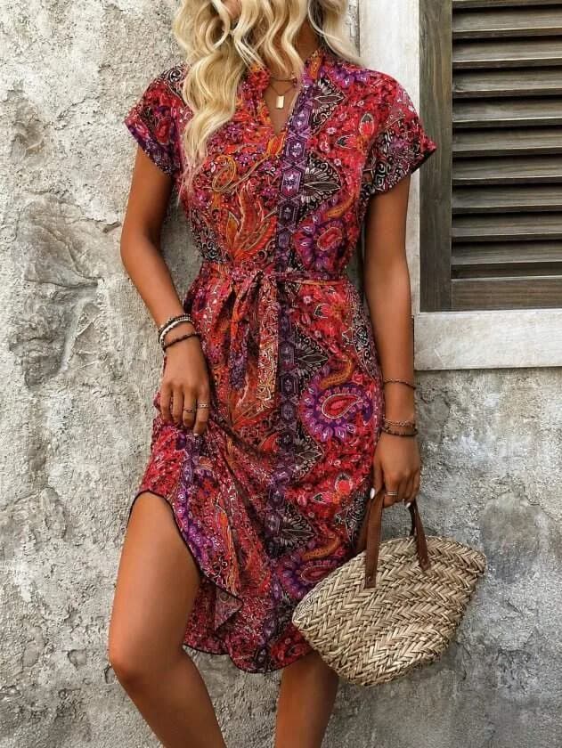 Kadın Kısa Kollu V Hakim Yaka Belden Kuşaklı Midi Süprem Elbise