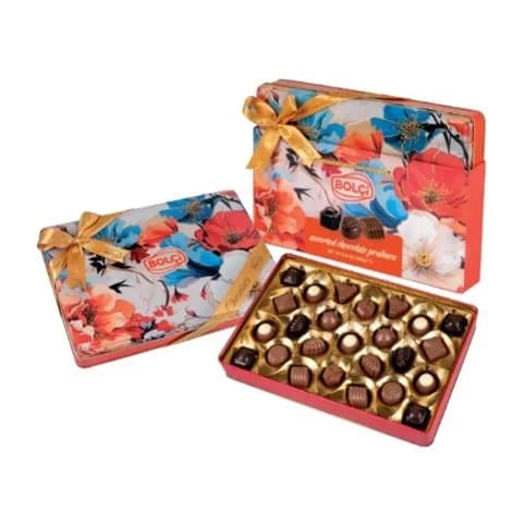 ÇEŞİTLİ ÇİKOLATALI PRALİNLER, PORTAKAL ÇİÇEĞİ DESENLİ TENEKE KUTU, 250 g